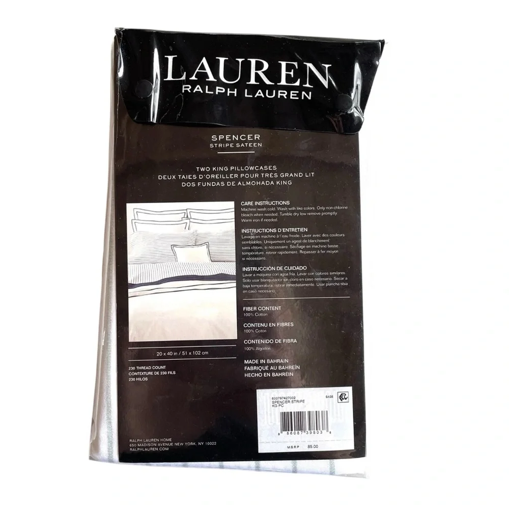 Lauren Ralph Lauren Spencer Stripe Sateen Sage Green 2 King pillowcases New